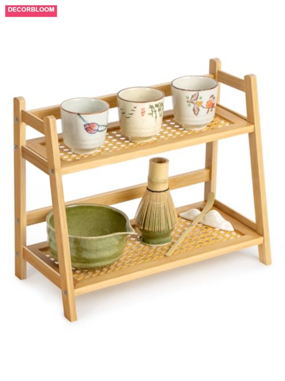 Bamboo Matcha Station Organizer with Woven Rattan Pattern Two-Tier Countertop